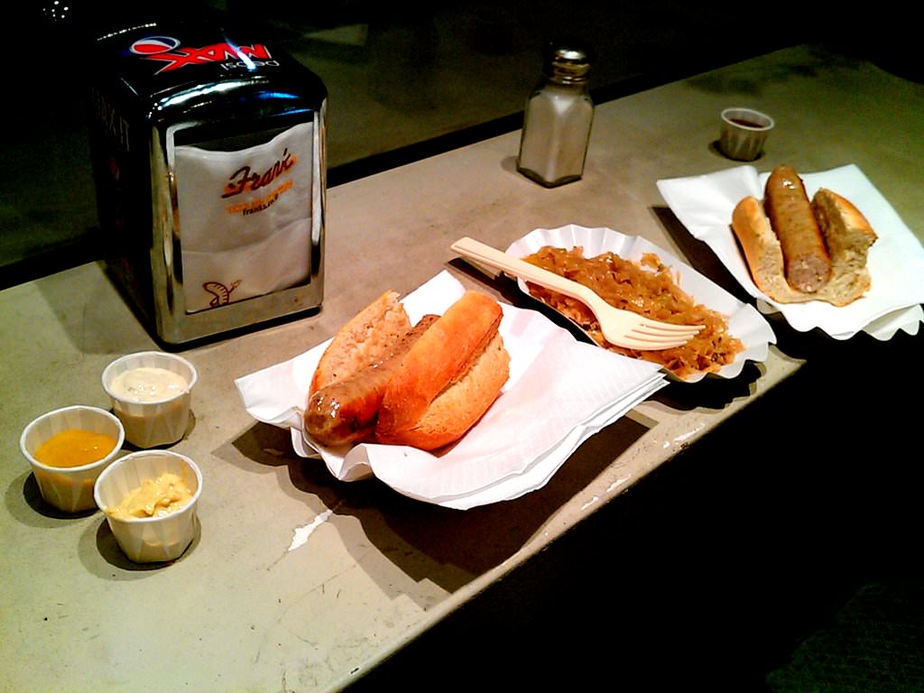 IMAG3138.jpg Brat-Wurst Big Sausage split into two (26 NIS). We took 4 different sauces: Honey mustard, Horseradish mustard, spicy ketchup, garlic mayo. A side plate of sauerkraut came with.
