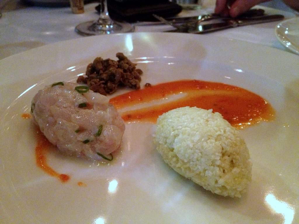 IMG_1741.JPG Grouper tartar with tomato cream and cauliflower couscous (69 NIS). There were also crushed olives and eating a bit combining all the elements was nice. The cauliflower was certainly interesting and new to me - kinda pickled and broken down.