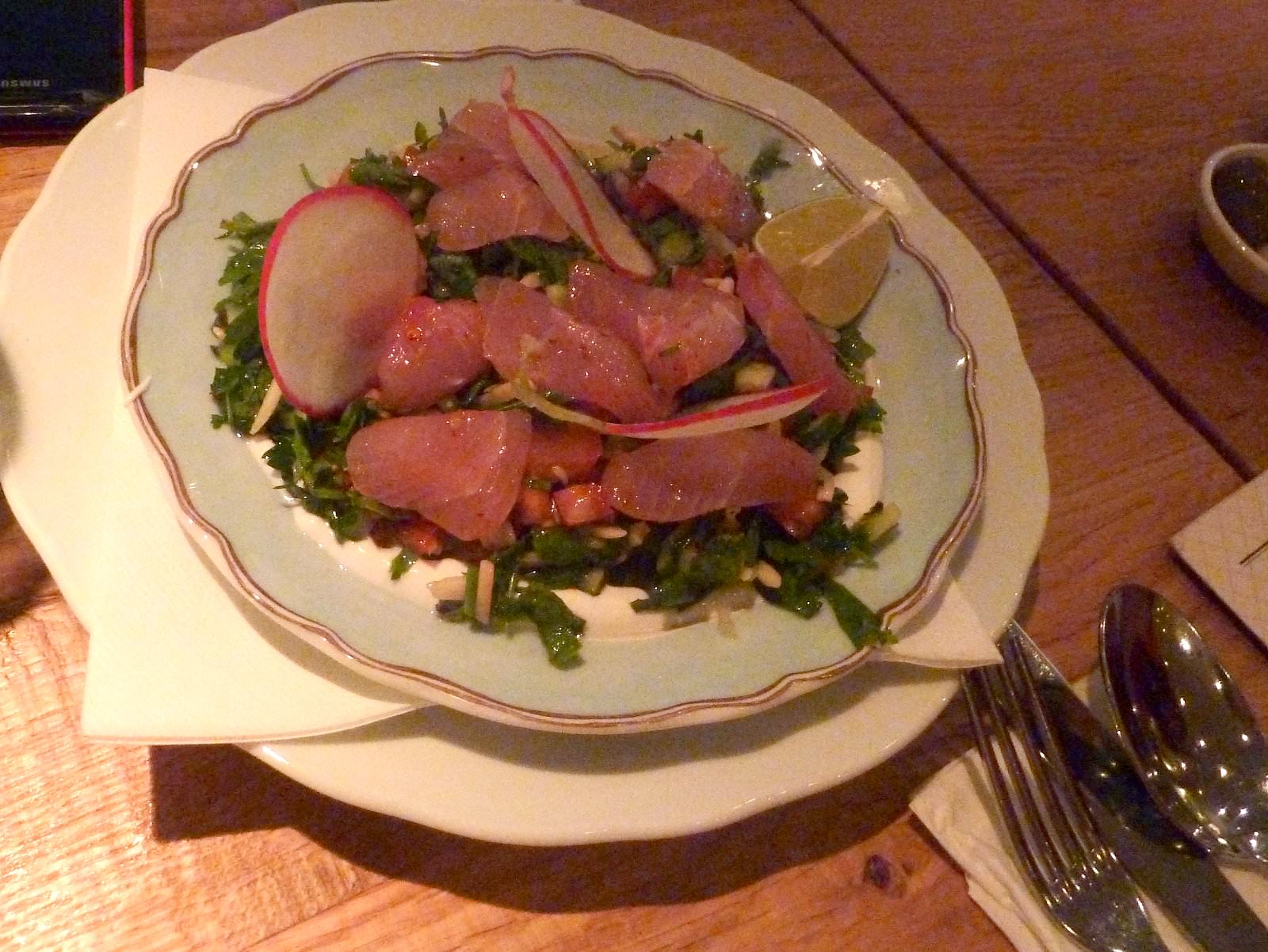 P1200937.JPG Yellowtail Tabula: sashimi yellowtail, herbs salad, yogurt and almonds (74 NIS)