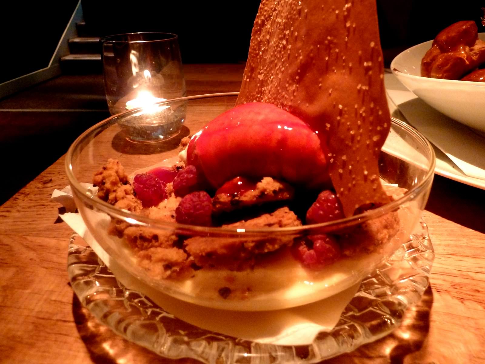 P1200972.JPG Flan with brioche cubes, creamy white chocolate ganache, blackberry and wild berry sauce (38 NIS). It was more like panna cotta but a very creamy one. Amazing cream. I loved this dessert but maybe the cookies inside were too many or could be out altogether.