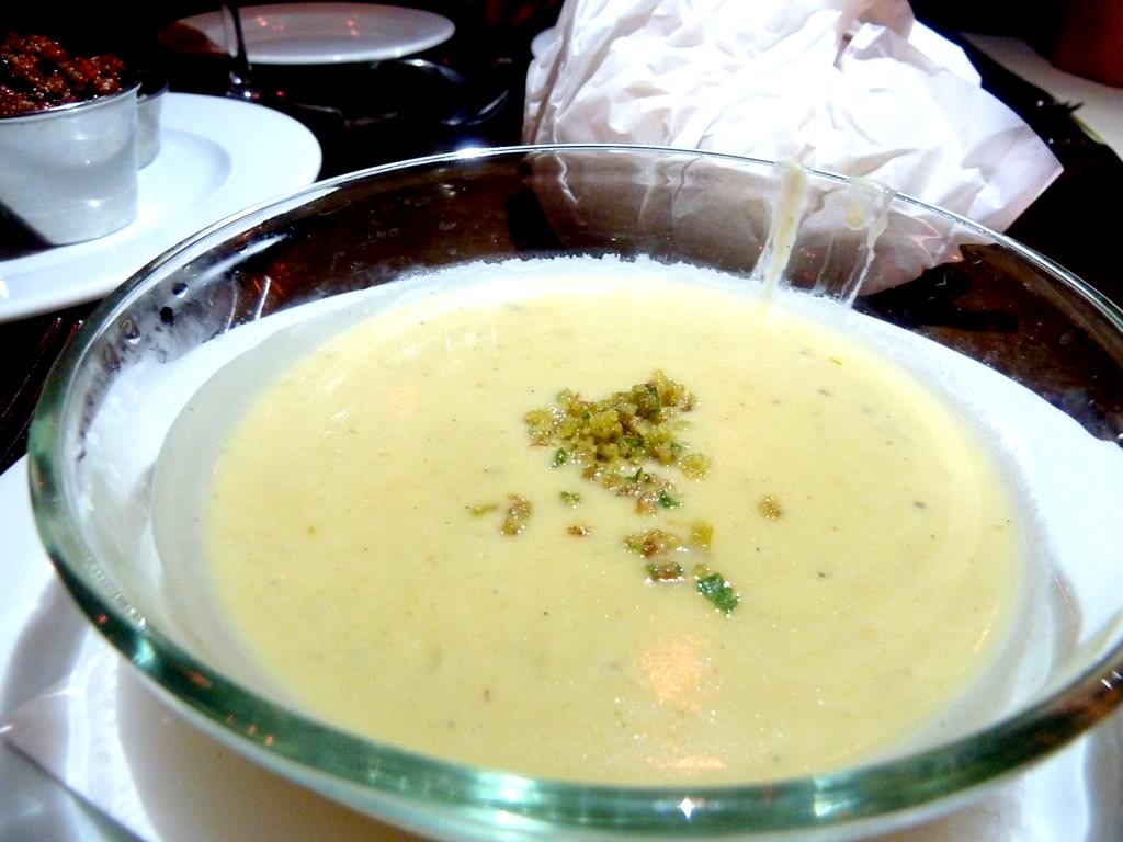 P1210867.JPG As an Amuse Bouche we had a small soup of leeks and potato. It was an excellent soup, we wanted more of it and it certainly opened our apatite.