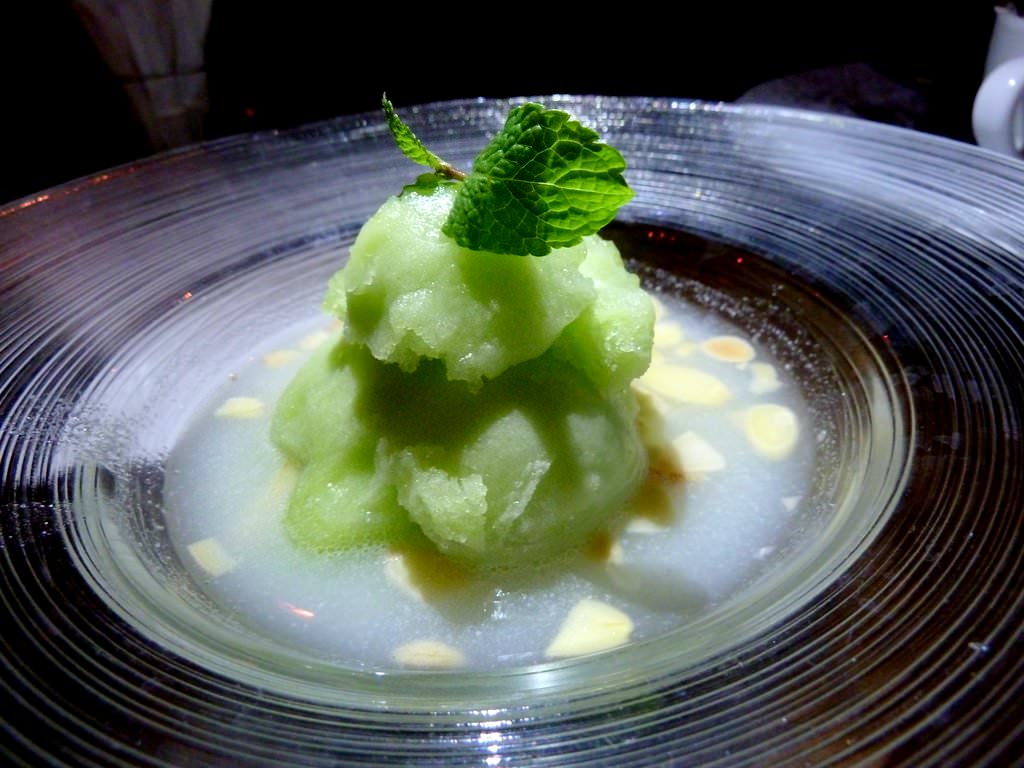 P1210914.JPG Melon sorbet in almond soup. A lighter and refreshing dessert that fitted my exploding tummy needs. It was a good balance with the chocolate heavy dish. The sorbet was very good but the soup had a small cyanide aftertaste.