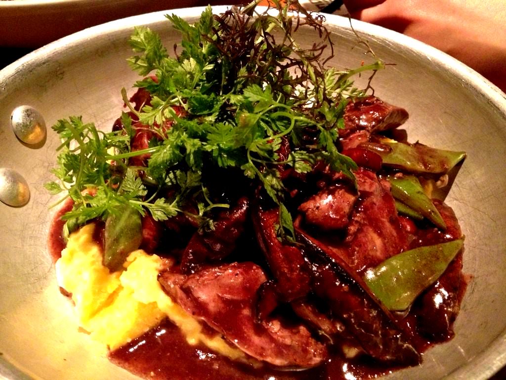 Scorched Chicken Liver, Mămăligă, Wild Mushrooms, Bacon, Asparagus in Butter (73 NIS).