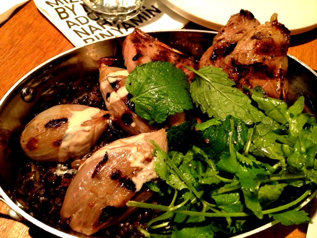 Charcoaled Young Lamb T-Bone, Onions Stuffed with Lamb Meat & Pine Nuts, Lentils, Tehina & Date Honey (112 NIS)