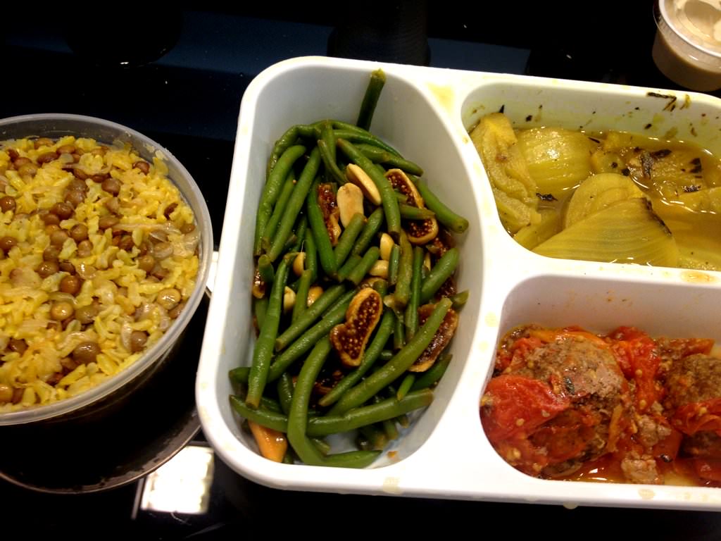 Baked beef meatballs with cherry tomatoes, sliced fennel chicken, green beans with peanuts and dried figs, brown rice - majadra, bread and tahini (40 NIS). Cool place that has many interesting and fresh side dishes to choose from. I added the brown rice but could do fine without it.