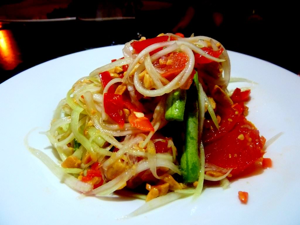 Papaya Salad "SOM TAM" - Green Papaya stripes, cherry tomatoes, yard long beans (in season), ground peanuts, garlic & squeezed lemon juice (28 NIS). I adore Som Tam. This version was not bad and resembles the original except for the dehydrated shrimp which were lacking here.