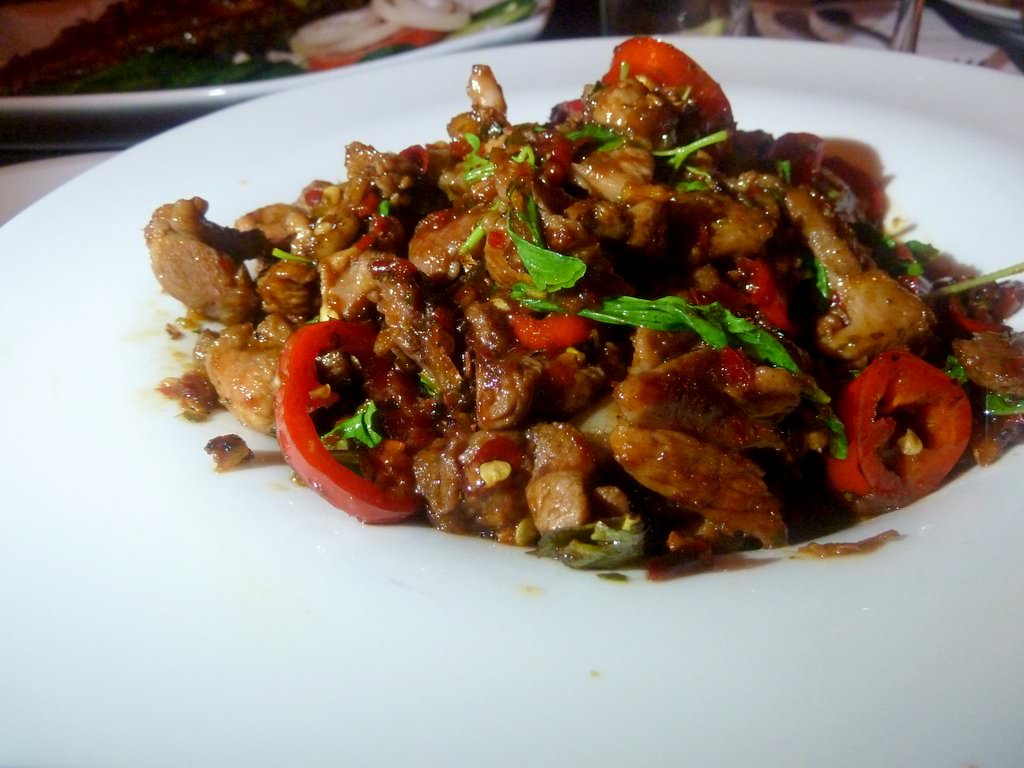 Pat Pad Cha - Goose with chili and herbs (90 NIS). This is one of the specials that aren't written in the specials menu. If you show interest in the very spicy dishes you may be suggested that dish by your waiter. We thought it was very tasty and not so spicy like mention, but five minutes later the affect hit. Everything turn so hot that did not let go, doesn't matter what came in mouth. I was red and teary and we're all used to spicy food! A dish that really slows down the eating rhythm.
