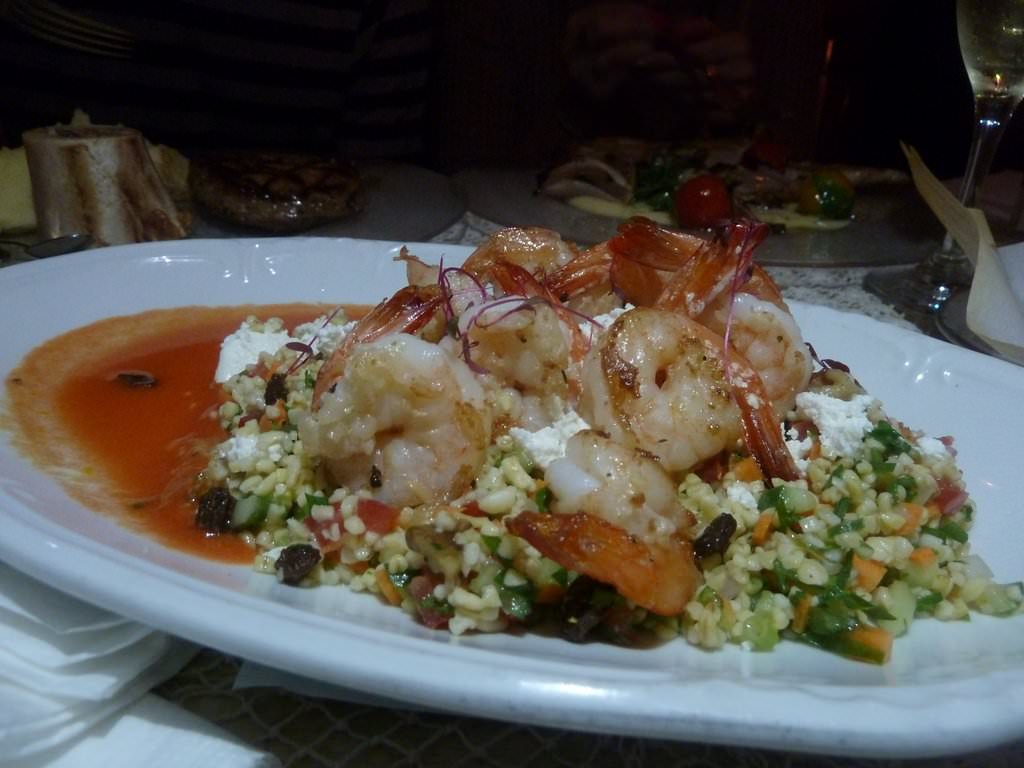 P1220002.JPG Shrimps tabbouleh salad with bulgur, feta cheese and tomato vinegar (56 NIS). Very tasty dish, The shrimp were well cooked, nothing too adventurous but it was simple and light.
