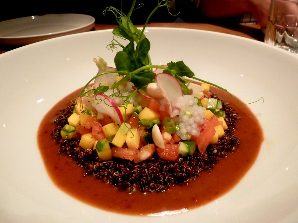 Salmon Ceviche, Mango, Cucumber, Tomato, Tapioca, Dark Quinoa, Coriander & Vinaigrette (73 NIS)