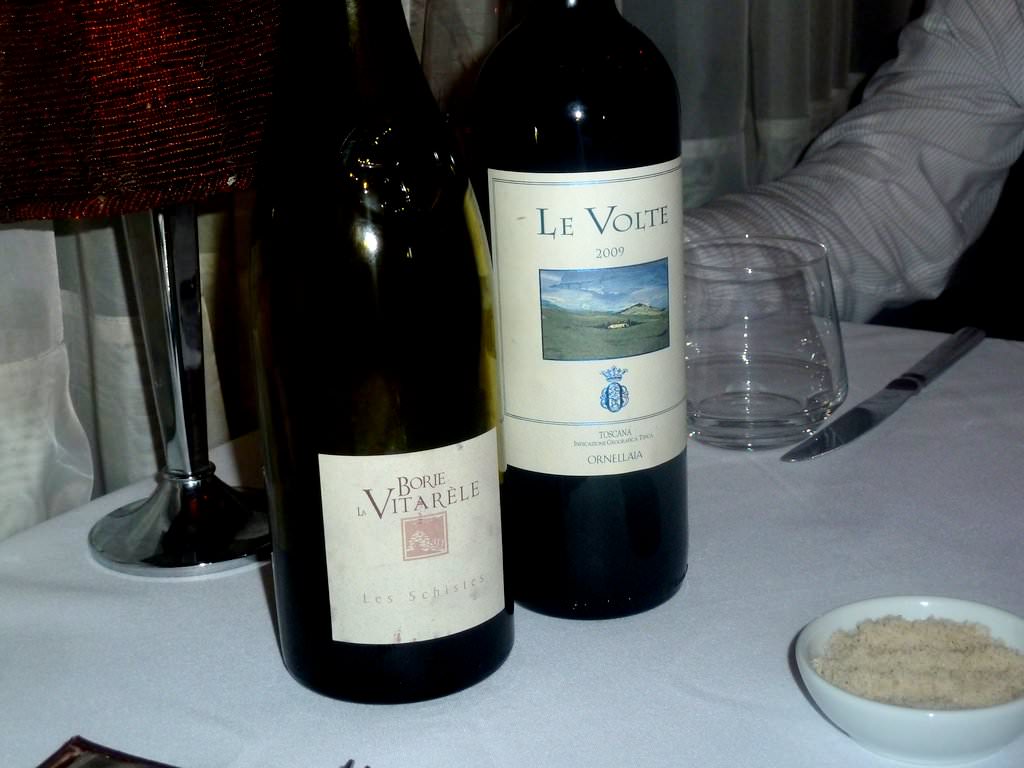 La Volta 2009 Toscana Ornellaia (48 NIS for a glass) and Borie La vitarèle, Saint Chinian, Les Schistes. 2010 (56 NIS for a glass).