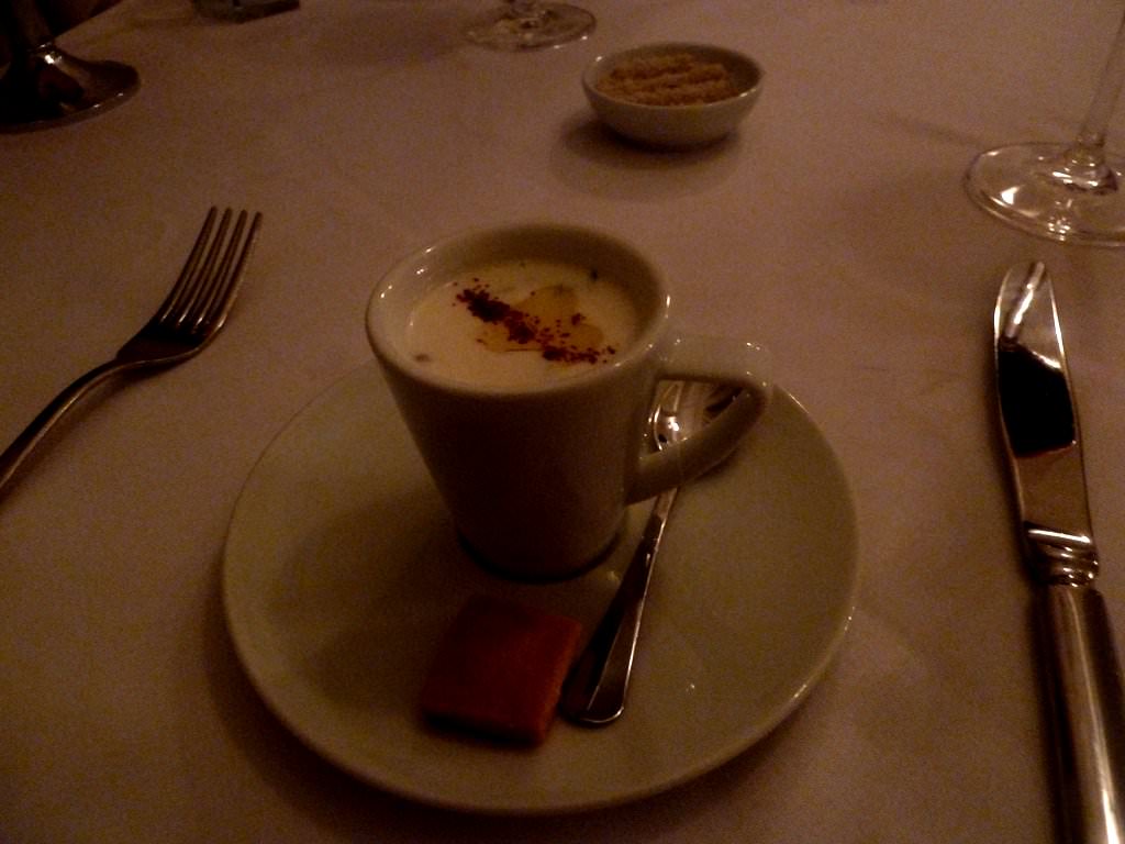 Amuse Bouche: Warm yogurt soup with freekeh (green wheat).