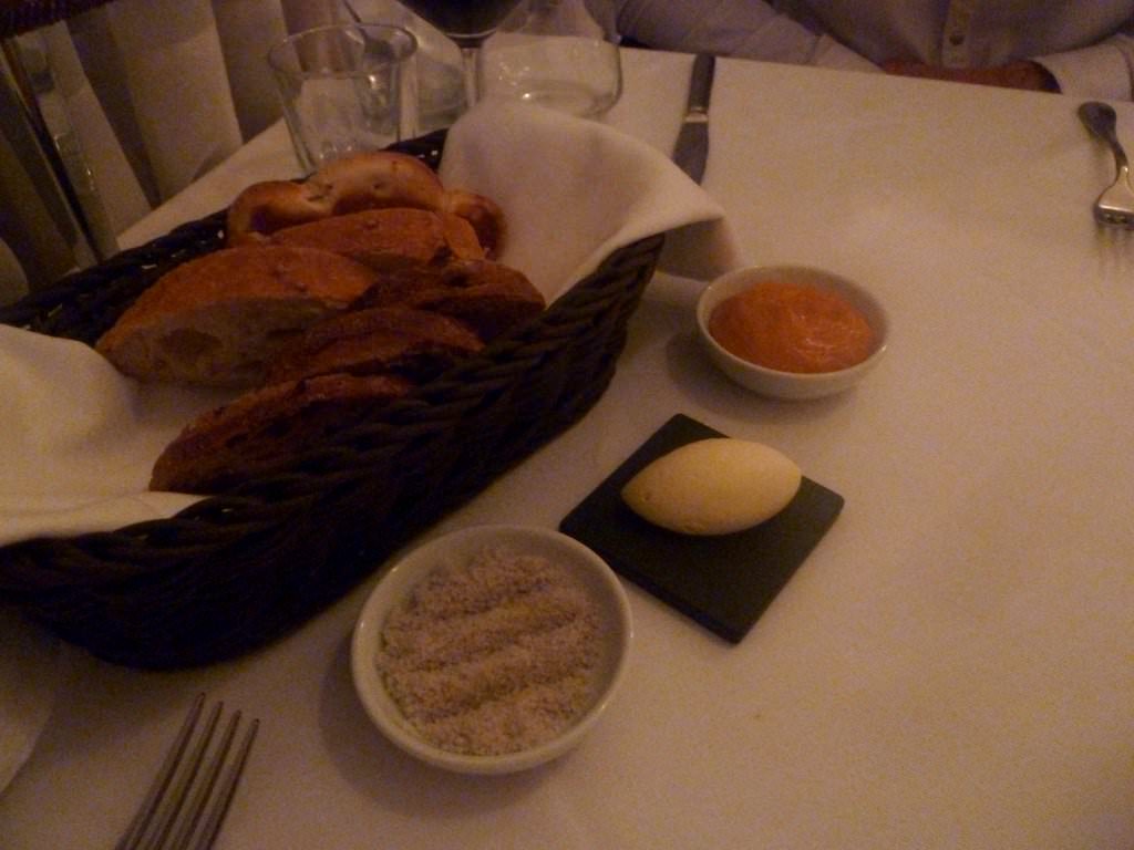 White sourdough bread and coriander seeds, raisins rye bread served with butter and bell peppers aioli. Lovely bread dish which is also complementary unlike most restaurants in Tel-Aviv.
