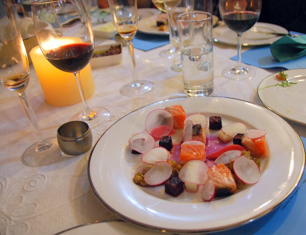 Winter candies: Fresh and pickled radish, turnips in butter, marmalade of fennel in Arak, roasted beets, salmon semi cooked, cabbage and ginger broth