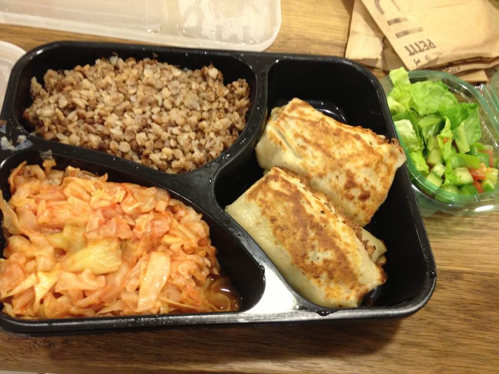 Meat blintzes, buckwheat, steamed cabbage and a small salad (20 NIS)