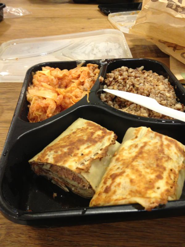 The blintzes were freshly made and very nice but I needed some sauce on top. The cabbage was great and the buckwheat was not bad.