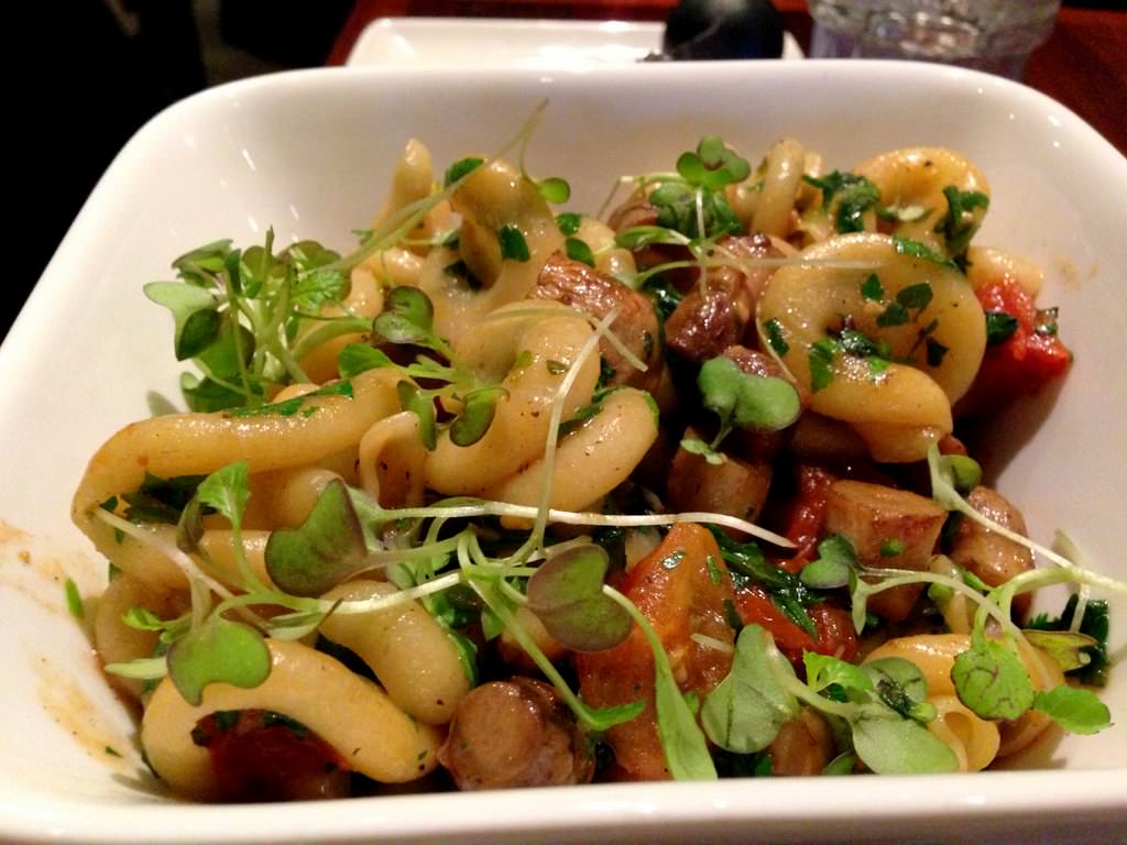 Pasta Aglio e olio, mushroom "feet", fresh herbs, garlic and chili.