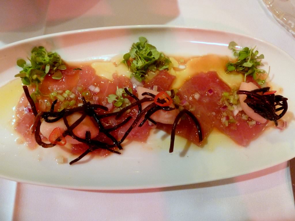 Tuna carpaccio with lemon grass Campari sorbet and pickled algae (62 NIS)