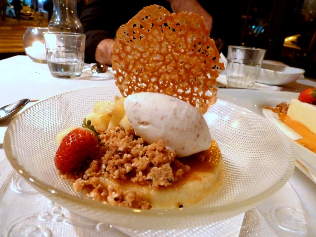 Carribean Creme Brulee scented with Tonka, topped with pineapple and coconut sorbet (43 NIS). Really good version of the everyday creme brulee. The sorbet was amazing. The crumble added here as well but less matching and feels a bit like an afterthought.