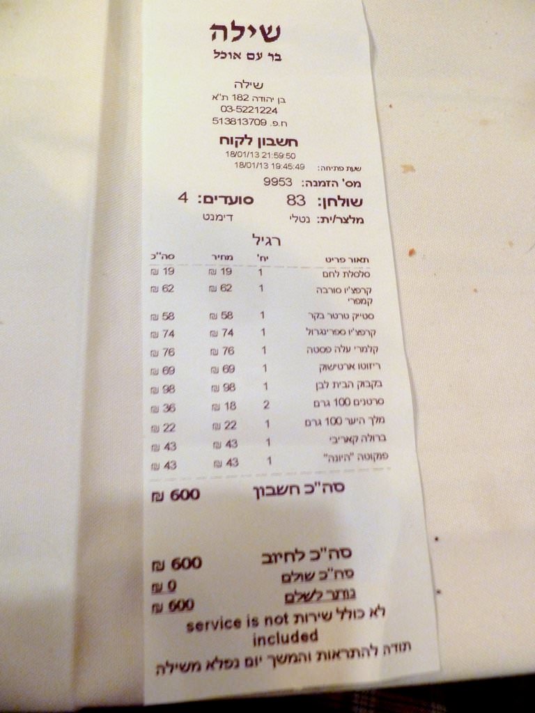 The bill came up to 600 NIS for four people. 150 NIS per person. Not that expensive as people try to treat this place. On the other hand, we only had the cheapest bottle of wine, 5 small dishes and two medium dishes and two desserts. We were very much satisfied and filled. I think it's a good value for the money. We'll come back again for sure.