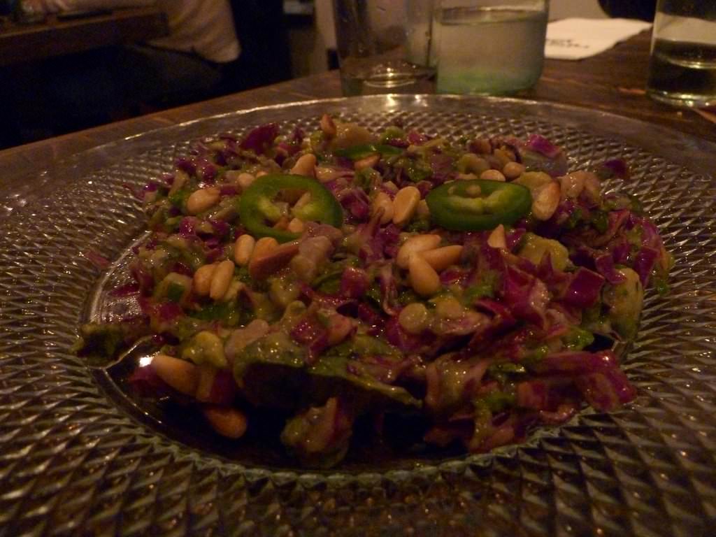 Druze Fish Tartar With Avocado, Red Cabbage, Pine Nuts And Herbs (49 NIS).
