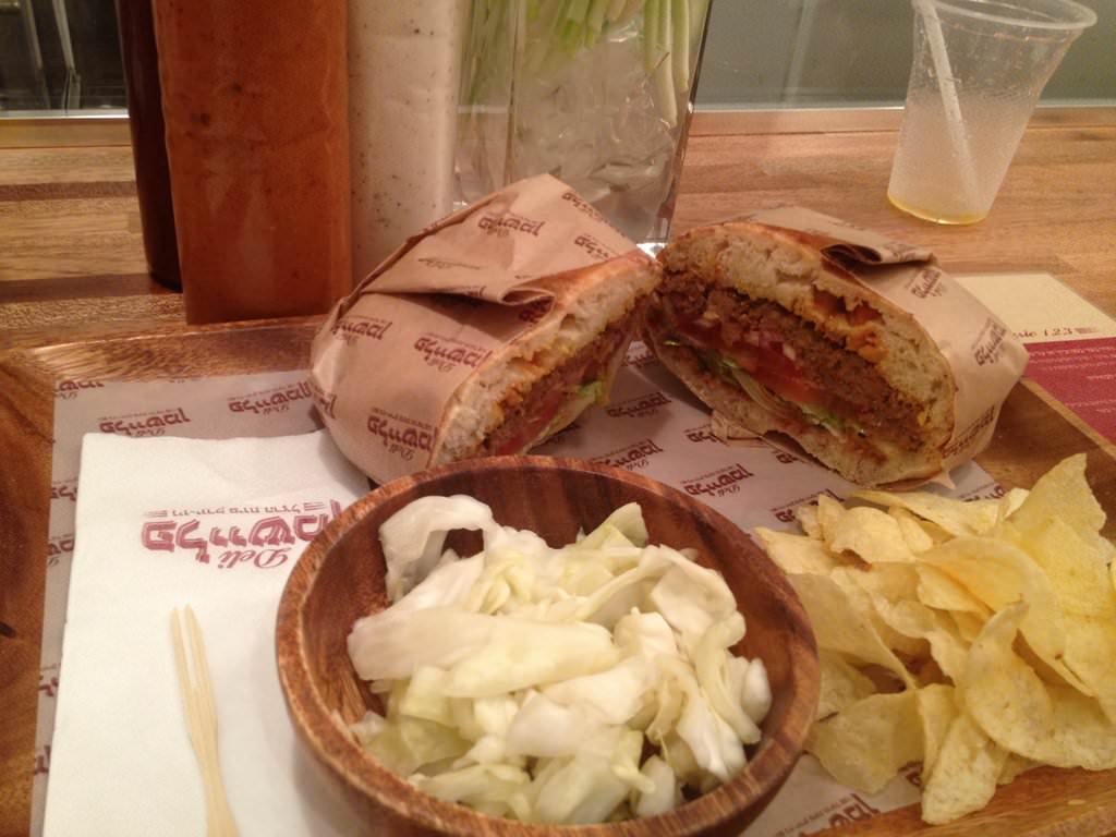 The dish costs 38 ILS and comes with some pickled cabbage and chips.