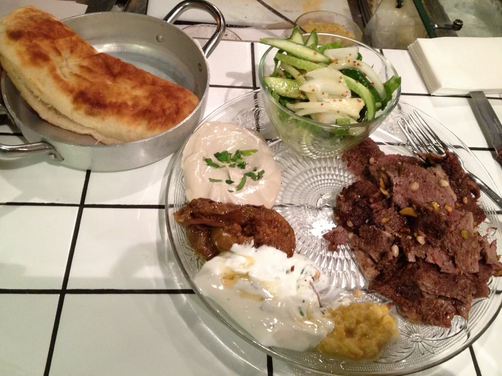 The Donner: a beef and lamb combination soaked in milk with pine nuts and pistachios with yogurt, tahini, preserved lemon spread, roasted eggplant, onion confiture and spicy tomato salsa (36 ILS for a sandwich / 49 ILS for a meal on a plate).