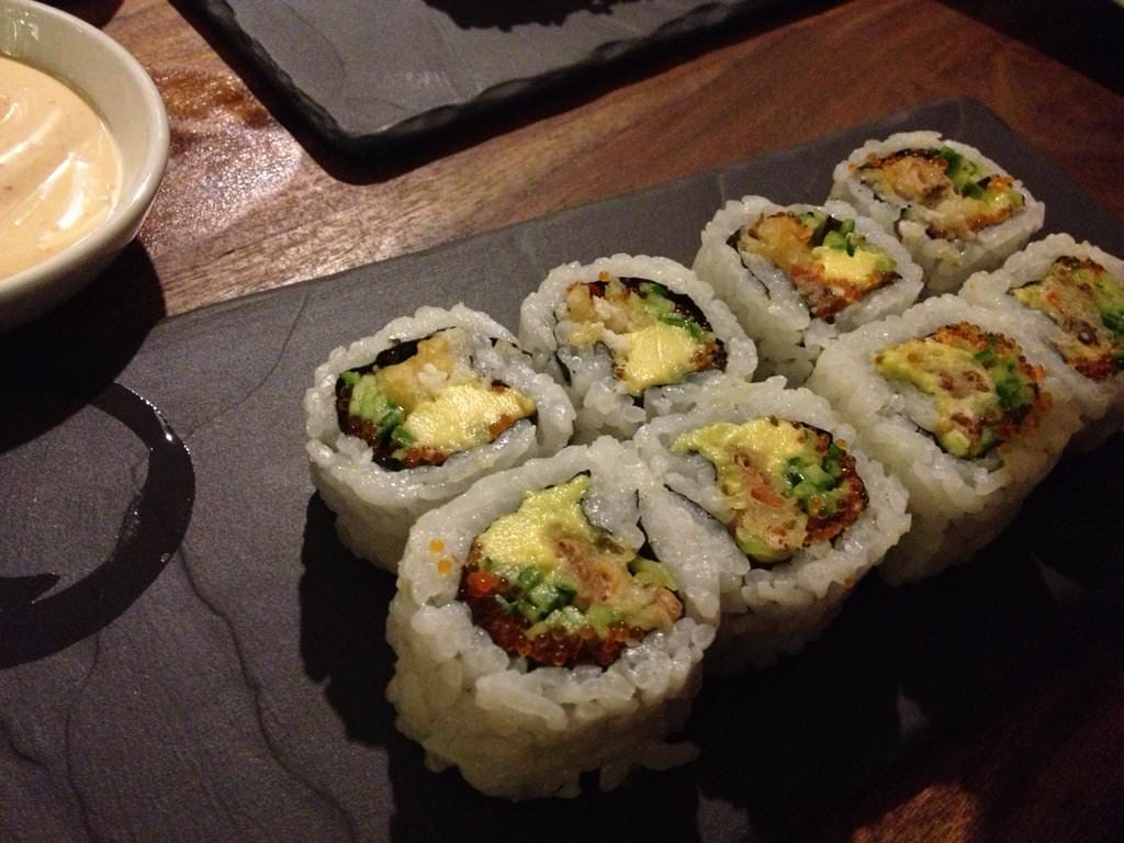 California: Soft shell crab tempura, cucumber, avocado, tobiko