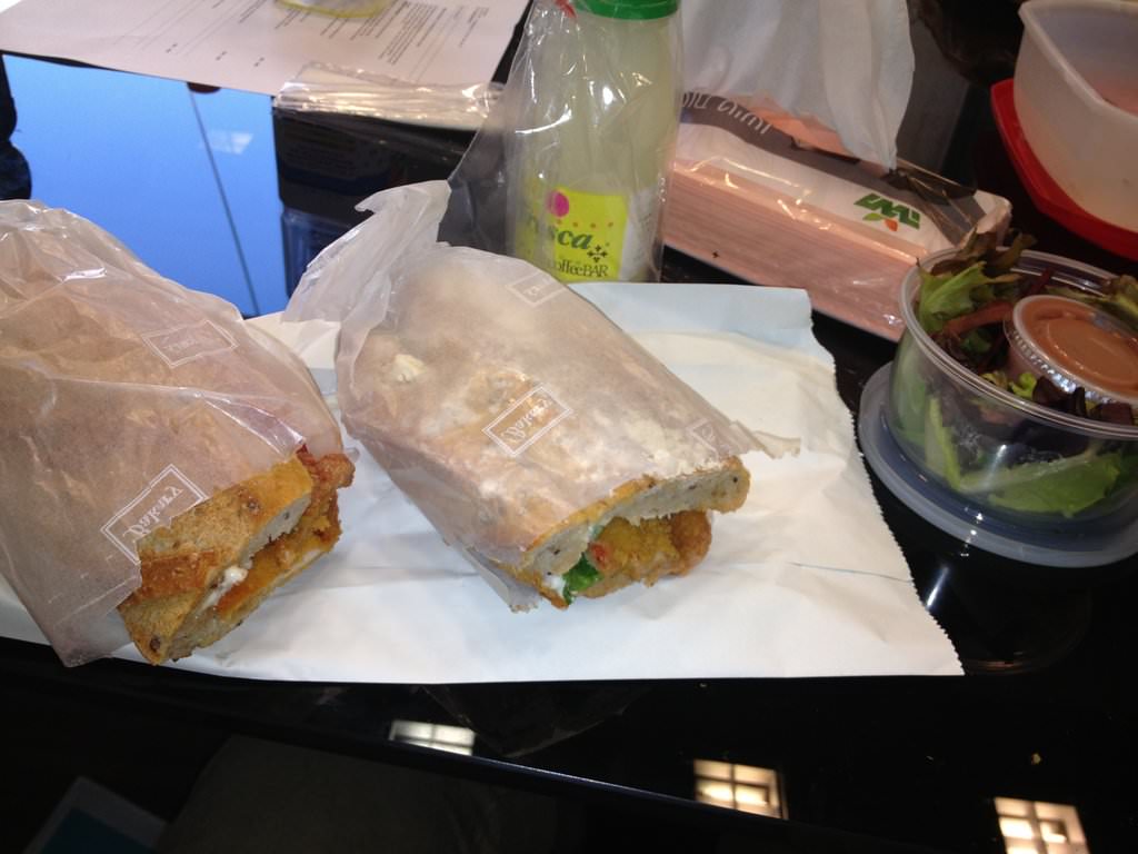 A sandwich in a fresh baguette with Shnitzel,mayo and vegetables. Came with a small salad and a lemonade (39 ILS).