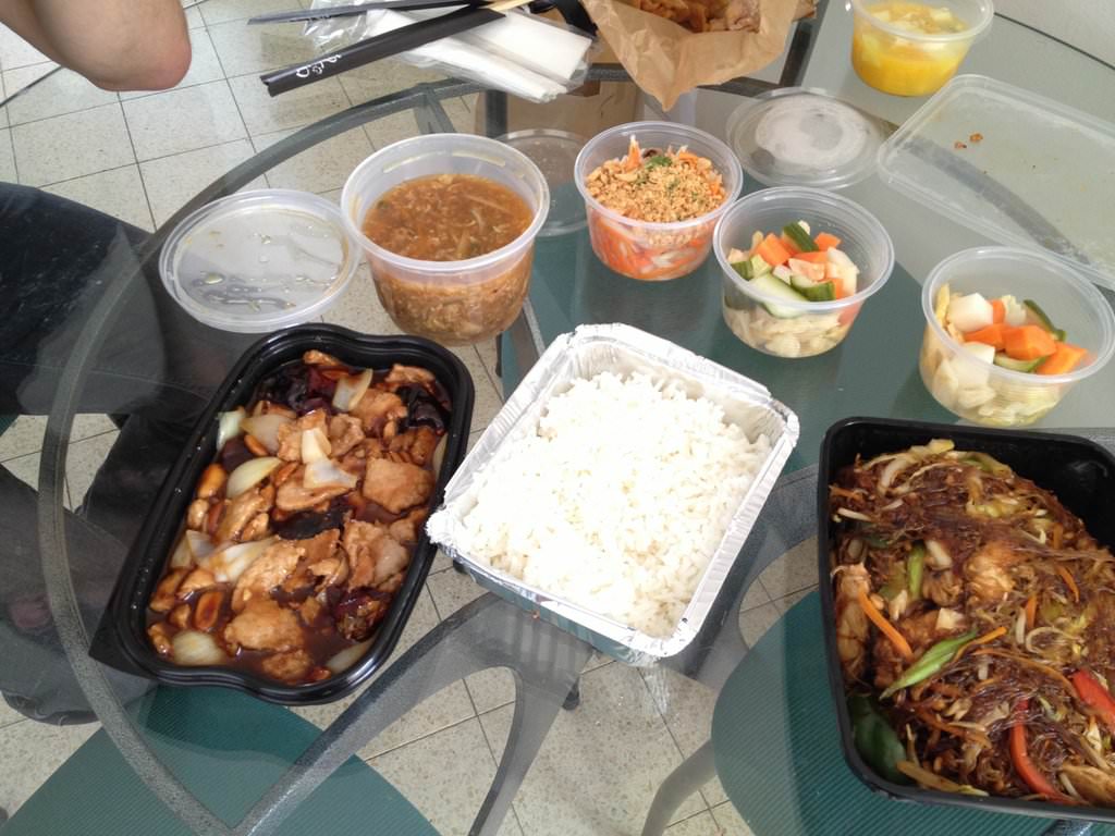 Chinese pickles, salad, spicy sour soup, pork dish and noodles dish