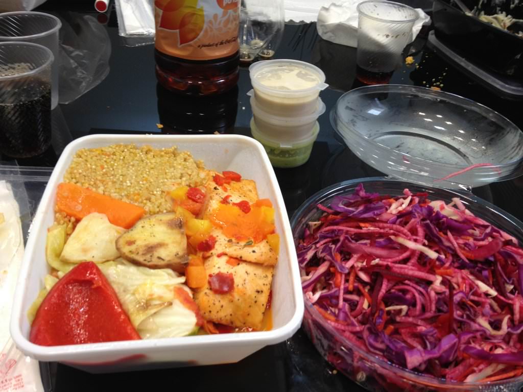 Baked salmon with pumpkin and pepper, organic quinoa and grilled vegetables, with a starter of roots salad (47.5 ILS). Sounds good but it's not.