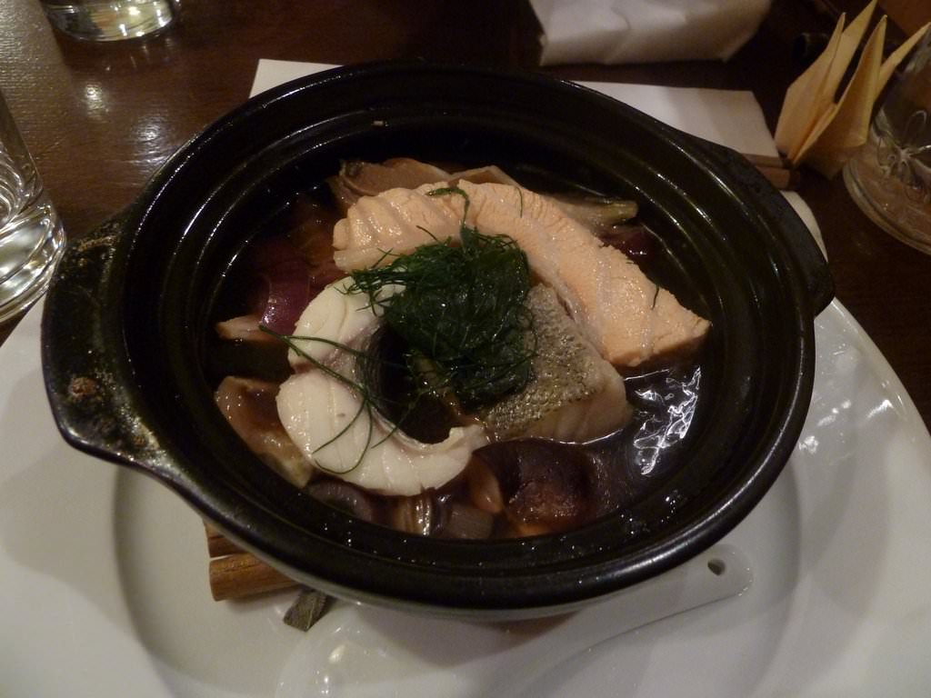 Pot of Fish Marmite, vegetables, champignons, accompanied with Ponzu sauce.