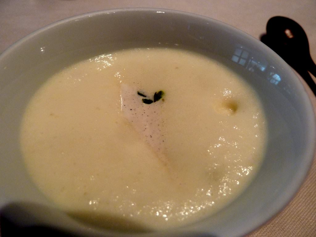 Vanilla ice cream with Thyme leaves, Fromage Blanc and Mashed Potatoes foam.