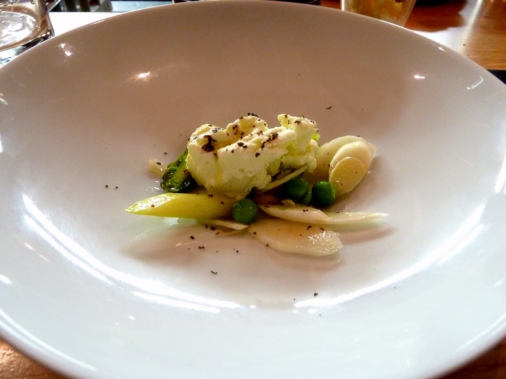 Green and white asparagus slightly blanched and some of it raw with fresh peas, olive oil and asparagus Ice Cream. Wow.