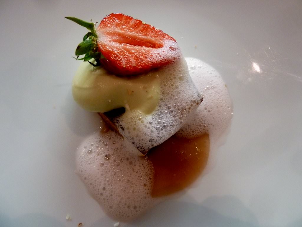 Soft genoise cake with strawberries compot and avocado cream. What's that green cream again?