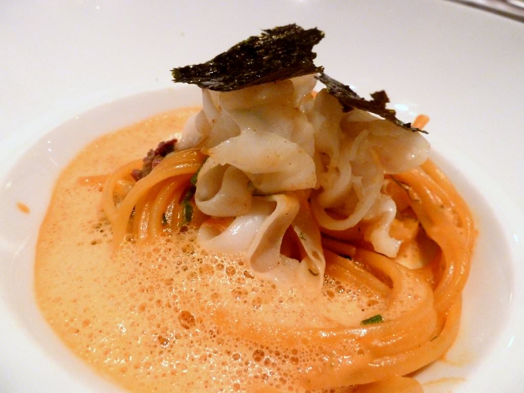Linguine, Grilled Squid "Pasta", Thai bouillabaisse and Nori seaweed. Another excellent fusion dish.