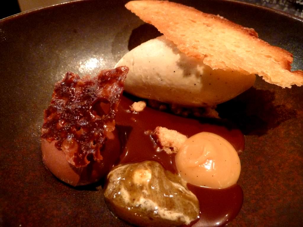 Two types of Valrhona Chocolate - one Italian and one from the Dominican Republic, Miso Marmalade, Pistachio Tuile, Vanilla and Black Pepper Ice-cream. Loved it.