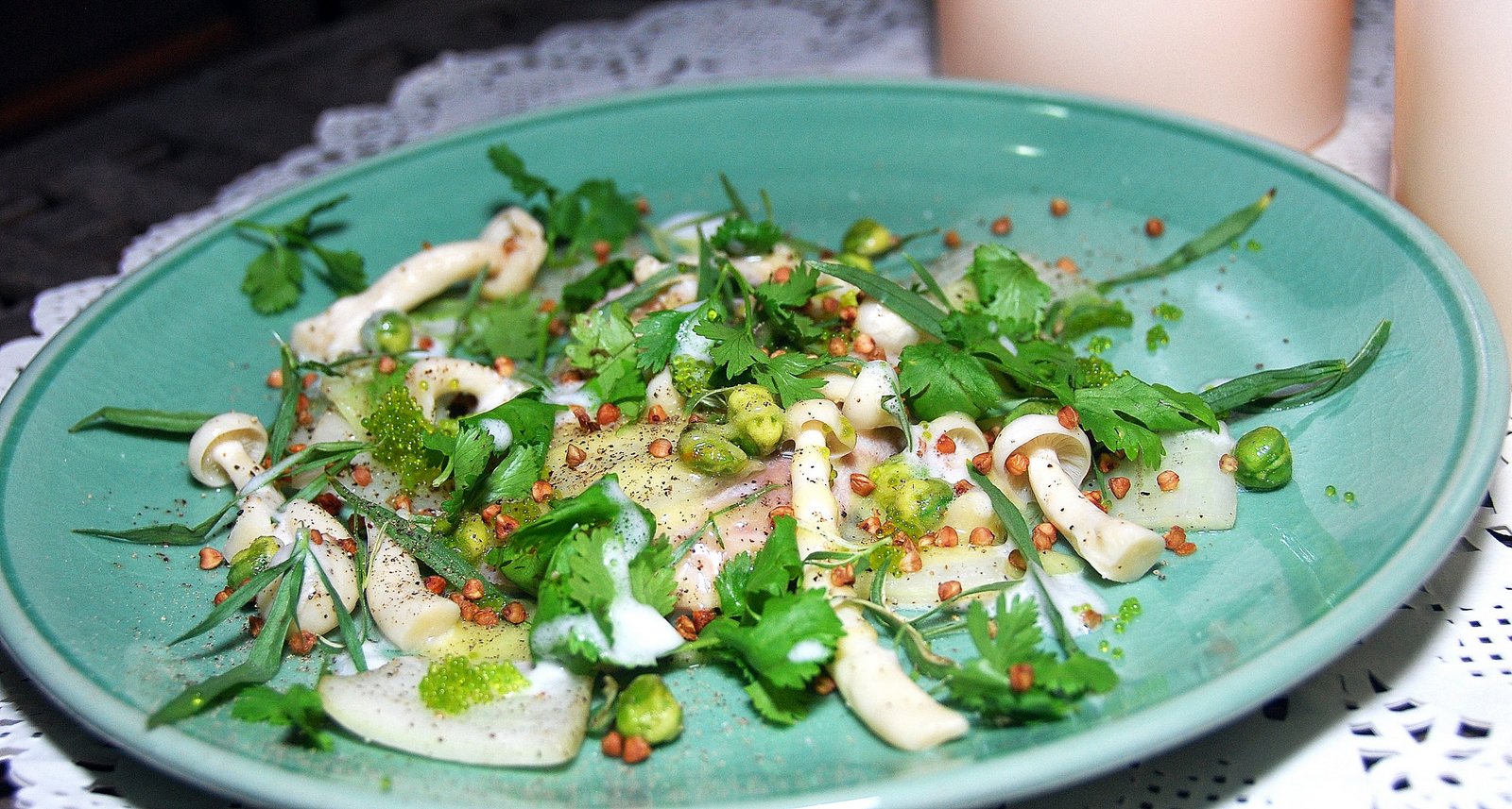 White Fish, Cabbage, Shimaji Mushrooms, Zabaglione, Green Tobico, Fresh Herbs, Roasted Buckwheat, Lemon Foam
