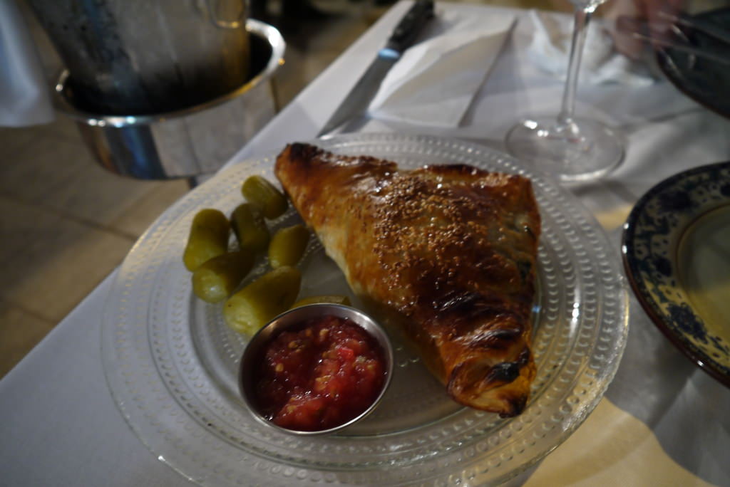 Burekas with "Tulum" cheese, Turkish spinach and egg yolk (54 ILS). Well made.