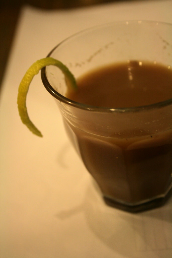Start the meal with a winter cocktail to warm up: warm Chai full of spices and rum decorated with lemon zest twist.