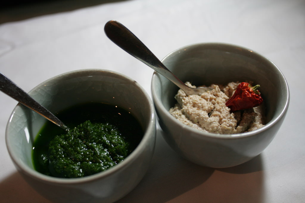 Coconut and green curry chutney, Parsley paste to go with the bread