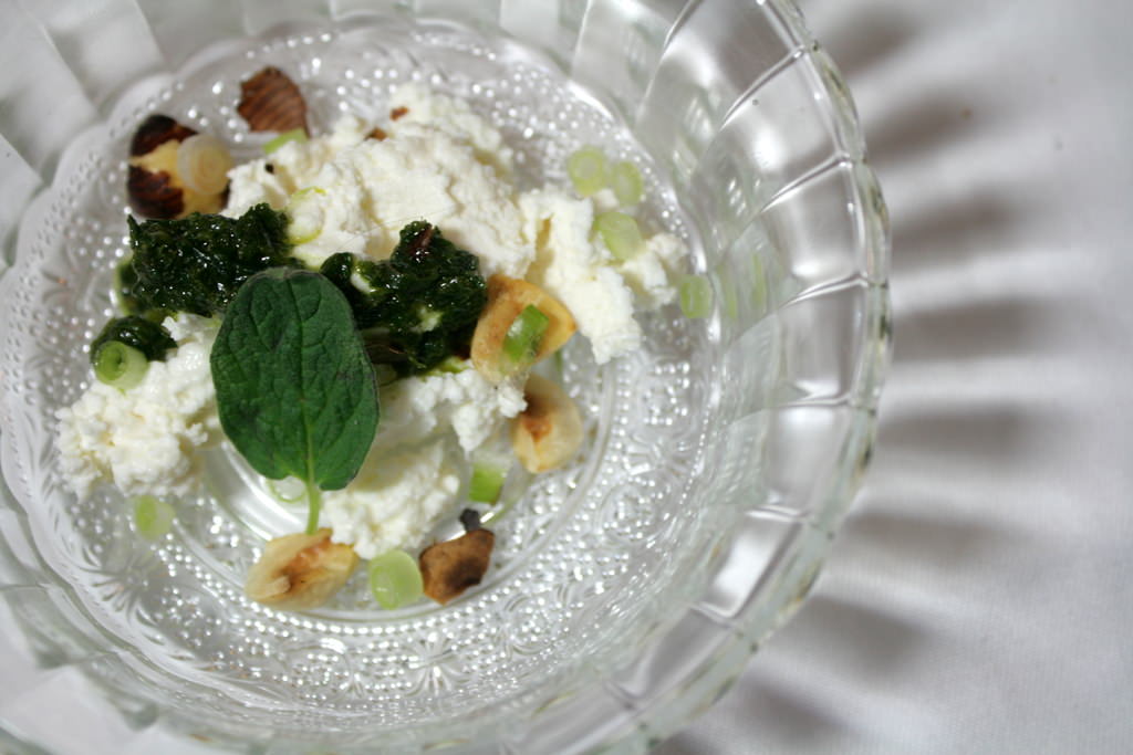 Another surprise dish: Home made Ricotta Fresca, Za'atar olive oil, roasted hazelnuts, scallions and fresh leaf of Za'atar.