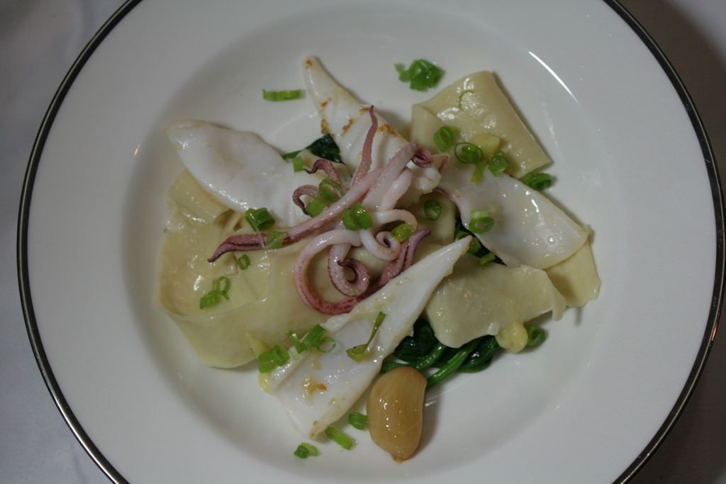 Fresh pasta sheets, garlic and olive oil squid, beurre blanc and sage sauce, Turkish spinach, lemon confit and garlic confit.